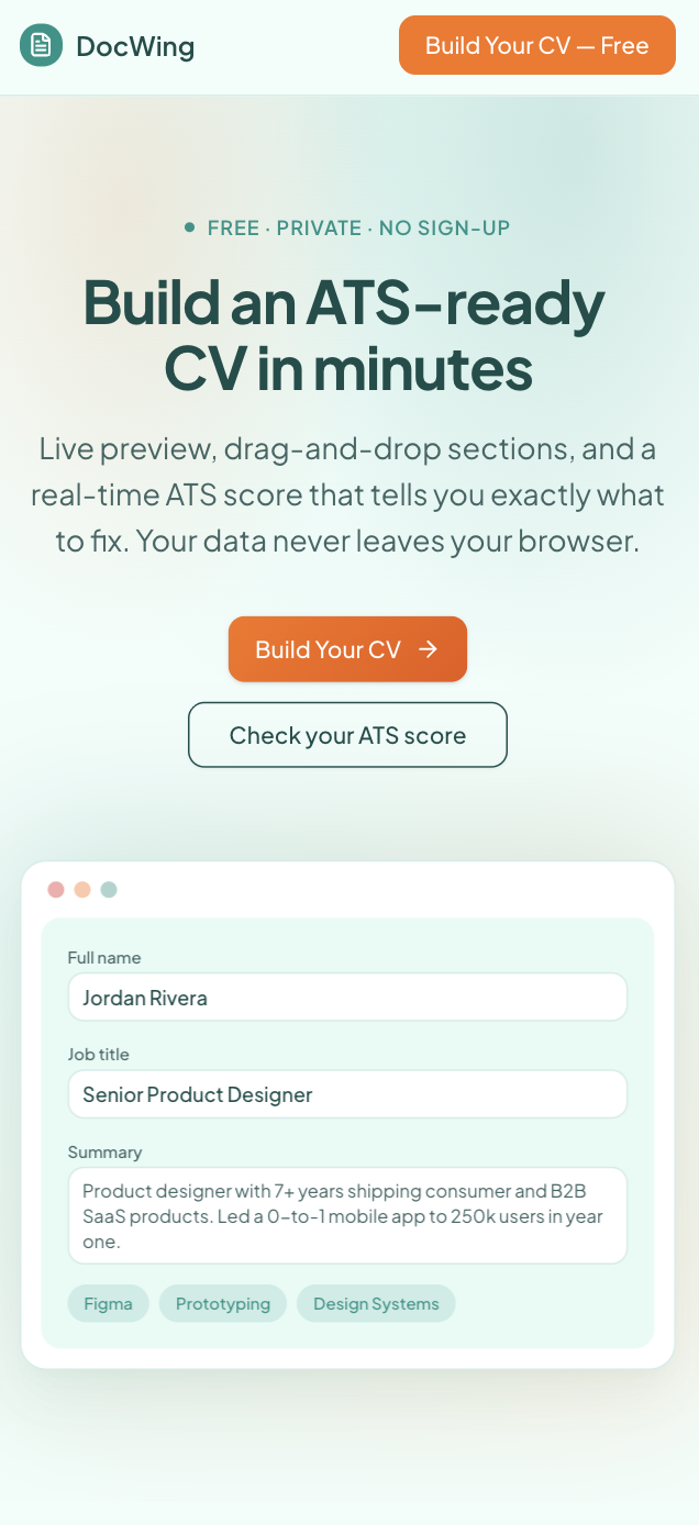 DocWing CV Builder preview